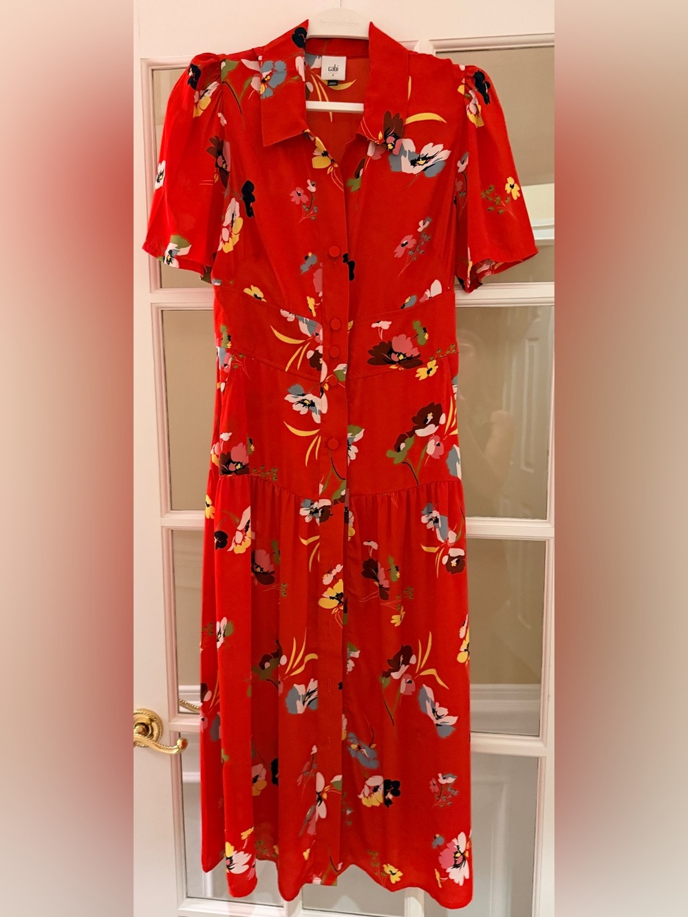 NWOT Cabi #6218 Afternoon Dress S Red Floral Button Front Midi Pockets